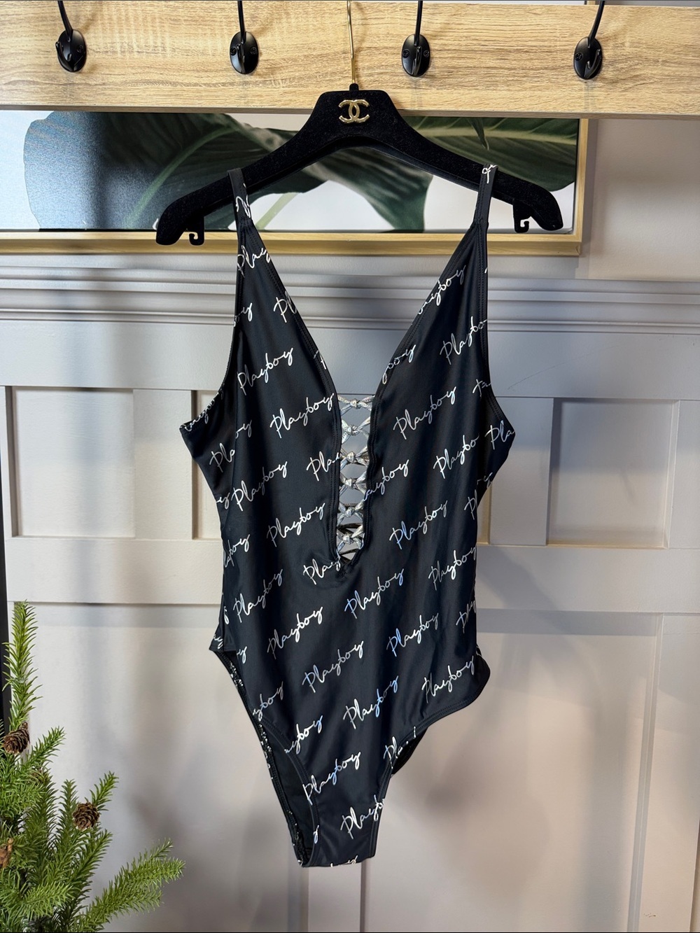 Brand new Y2K 00’s Rare PLAYBOY Black Logo Lace-Up V‑Neck One-Piece M